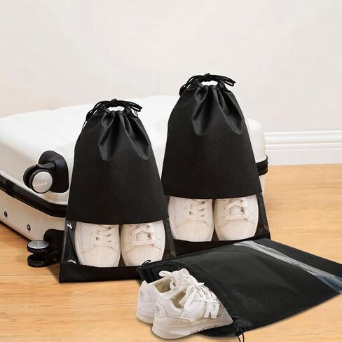 12 قطعة من حقائب الأحذية للسفر، حقائب أحذية سفر محمولة مع نافذة شفافة، حقيبة سفر كبيرة للأحذية بحبل، حقيبة تخزين أحذية السفر مقاومة للغبار للرجال والنساء، مقاس 12.6 بوصة × 17.3 بوصة، أسود in Kuwait