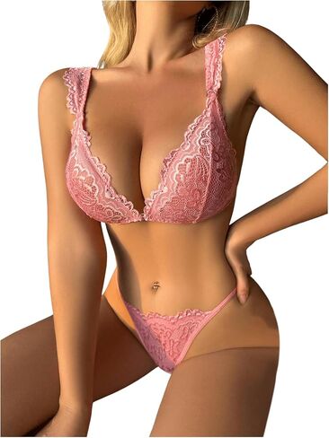 SHENHE Women's 2 Piece Lace Sheer Front Closure Bra and Panty V String Thong Lingerie Set in Saudi Arabia
