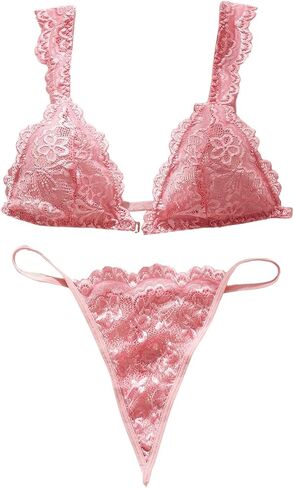 SHENHE Women's 2 Piece Lace Sheer Front Closure Bra and Panty V String Thong Lingerie Set in Saudi Arabia