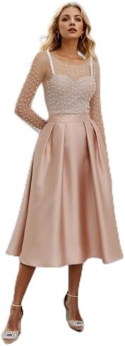 CHICWISH صدرية نسائية لامعة مبهرة ولؤلؤ كامل مزين بشبكة شفافة وتنورة متوسطة الطول بطيات على شكل حرف A، مقاس L in Kuwait