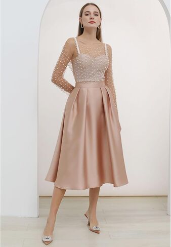 CHICWISH صدرية نسائية لامعة مبهرة ولؤلؤ كامل مزين بشبكة شفافة وتنورة متوسطة الطول بطيات على شكل حرف A، مقاس L in Kuwait