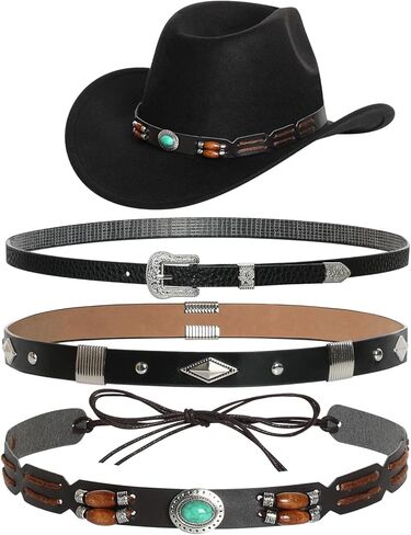 قبعة رعاة البقر راعية البقر للنساء والرجال، قبعة شمس غربية كلاسيكية بحافة واسعة مع 3 أربطة قبعة قابلة للاستبدال للحفلات التنكرية باللون الأسود in Kuwait