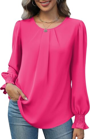 Funlingo Womens Tops Dressy Casual Smocked Long Sleeve Shirts Crew Neck Loose Chiffon Tunics Office Work Blouses in Saudi Arabia