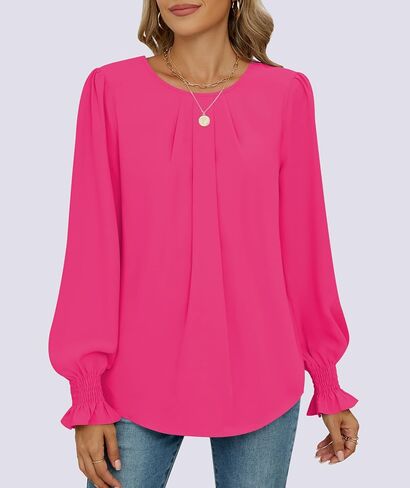 Funlingo Womens Tops Dressy Casual Smocked Long Sleeve Shirts Crew Neck Loose Chiffon Tunics Office Work Blouses in Saudi Arabia