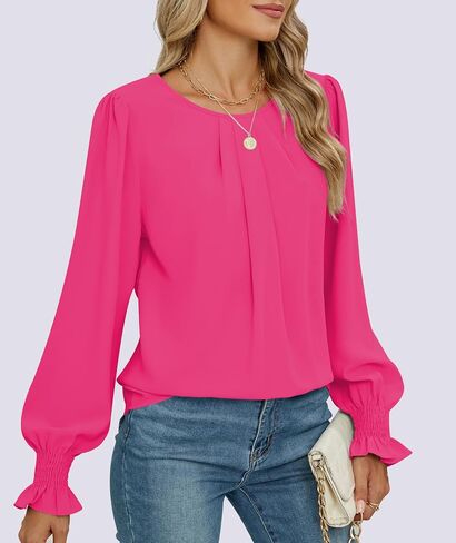 Funlingo Womens Tops Dressy Casual Smocked Long Sleeve Shirts Crew Neck Loose Chiffon Tunics Office Work Blouses in Saudi Arabia