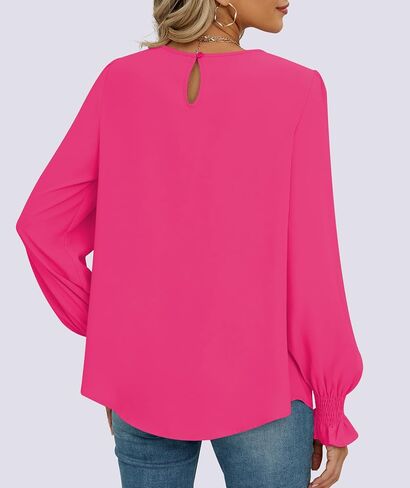 Funlingo Womens Tops Dressy Casual Smocked Long Sleeve Shirts Crew Neck Loose Chiffon Tunics Office Work Blouses in Saudi Arabia