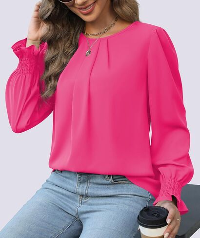 Funlingo Womens Tops Dressy Casual Smocked Long Sleeve Shirts Crew Neck Loose Chiffon Tunics Office Work Blouses in Saudi Arabia