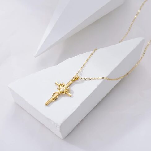14K Gold Cross Necklace for Women Yellow Gold Religious Faith Heart Cross Pendant Necklace Jewelry Christmas Gifts for Girls Teens Mother Daughter Wife Her in Kuwait