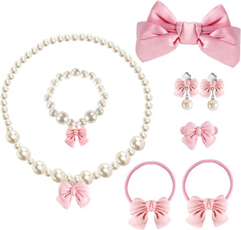 Handmade Bow Pearl Kids Jewelry for Little Girls Toddler Set of 8 pcs - Hair Bows Clips Ties - Stretch Necklace Bracelets Rings and Clip on Earrings - Cute Princess Dress Up Gifts in Saudi Arabia