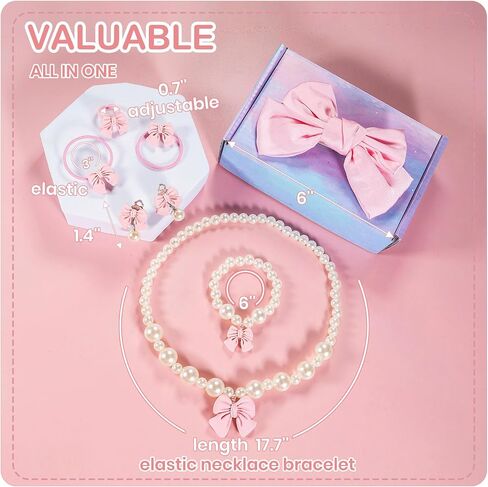 Handmade Bow Pearl Kids Jewelry for Little Girls Toddler Set of 8 pcs - Hair Bows Clips Ties - Stretch Necklace Bracelets Rings and Clip on Earrings - Cute Princess Dress Up Gifts in Saudi Arabia