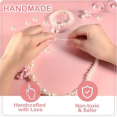 Handmade Bow Pearl Kids Jewelry for Little Girls Toddler Set of 8 pcs - Hair Bows Clips Ties - Stretch Necklace Bracelets Rings and Clip on Earrings - Cute Princess Dress Up Gifts in Saudi Arabia