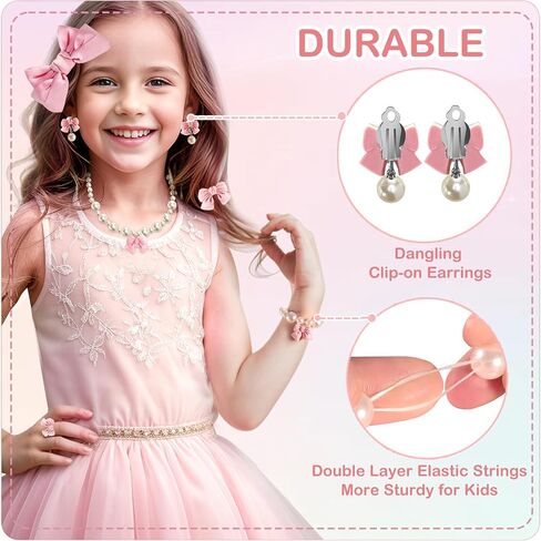 Handmade Bow Pearl Kids Jewelry for Little Girls Toddler Set of 8 pcs - Hair Bows Clips Ties - Stretch Necklace Bracelets Rings and Clip on Earrings - Cute Princess Dress Up Gifts in Saudi Arabia