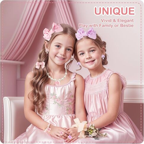Handmade Bow Pearl Kids Jewelry for Little Girls Toddler Set of 8 pcs - Hair Bows Clips Ties - Stretch Necklace Bracelets Rings and Clip on Earrings - Cute Princess Dress Up Gifts in Saudi Arabia