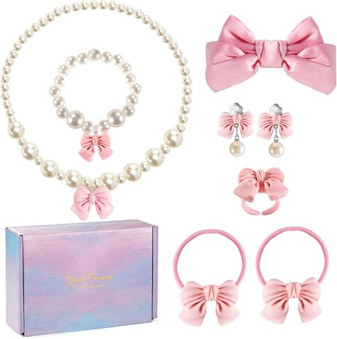 Handmade Bow Pearl Kids Jewelry for Little Girls Toddler Set of 8 pcs - Hair Bows Clips Ties - Stretch Necklace Bracelets Rings and Clip on Earrings - Cute Princess Dress Up Gifts in Saudi Arabia
