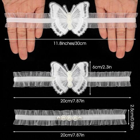 2 PCS Garters for Bride, White Lace Bow Bridal Garter Set Vintage Elegant Pearl Butterfly Lace Thigh Leg Band with Hand Sewn Elasticity Garter for Women Teen Girls in Saudi Arabia