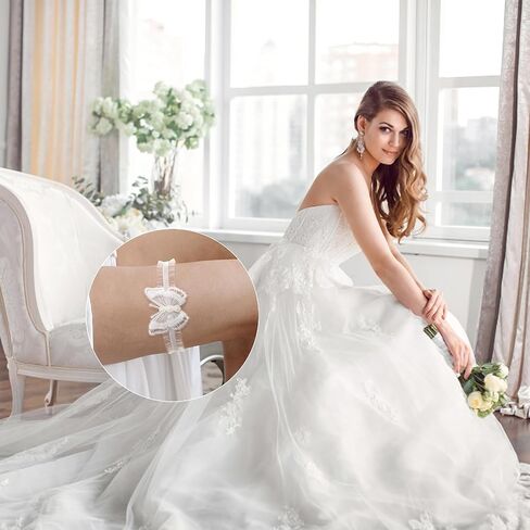 2 PCS Garters for Bride, White Lace Bow Bridal Garter Set Vintage Elegant Pearl Butterfly Lace Thigh Leg Band with Hand Sewn Elasticity Garter for Women Teen Girls in Saudi Arabia