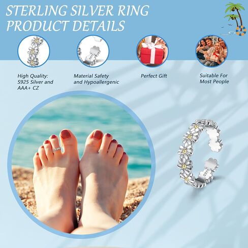 Kakonia Toe Rings for Women,925 Sterling Silver Toe Rings,Adjustable Toe Rings Beach Band Ring Nail Rings,Daisy Flower CZ Cross Opal Twist Knot Toe Rings Cuff,Open Womens Toe Rings Foot Jewelry for Summer in Saudi Arabia