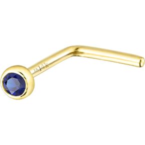 Solid 14K Gold L-Shape Stud Bezel Set Blue Sapphire 22G L-Bend Nose Stud - 14K White Gold / 14K Yellow Gold September Birthstone Nose Ring Stud