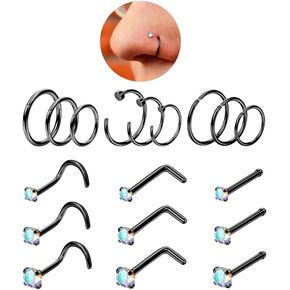 UBGICIG 17 Pcs/18 Pcs Nose Rings Hoop and Nose Studs Sets for Women - 316L Surgical Stainless Steel Screw Silver Gold Black L Shaped Nose Stud Hypoallergenic Nostril Piercing Jewelry for Women Men