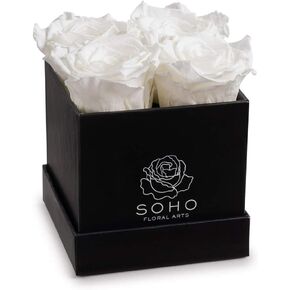Soho Floral Arts | Roses in A Box | Genuine Roses that Last for Years (White Square 4ct, Radiant Pink) | Mothers Day Gifts