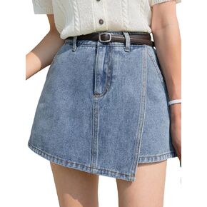 SHENHE Women's High Waisted Denim Skort Wrap Hem Asymmetrical Jean Mini Skirt Shorts