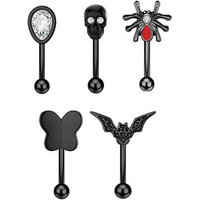 5Pcs Halloween Black Eyebrow Rings for Women Men 16G Stainless Steel Skull Spider Butterfly Bat Eyebrow Curved Barbell Eyebrow Piercing Jewelry