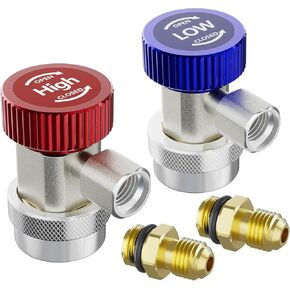 R134a Quick Coupler Adapter, Adjustable R134a Adapters, Quick Connectors for Car AC Systems, HP and LP Fittings for Evacuation and Recharging, 1/4" Flares, Set of 2