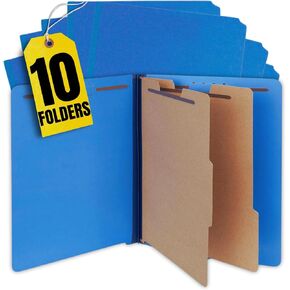 1InTheOffice Pressboard Classification Folders, 2 Dividers, Letter Size, Blue,6 Fasteners 10 Pack