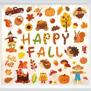 Whaline 9 Sheets Happy Fall Window Clings Autumn Cute Cartoon Window Stickers Thanksgiving Static Reusable Window Decals for Harvest Party Home Classroom Office Decor Supplies