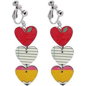 Double-sided Print Wooden Teacher Earrings for Women Pencil Book Heart Clip on Earrings for Teachers Back to School Graduation Earrings