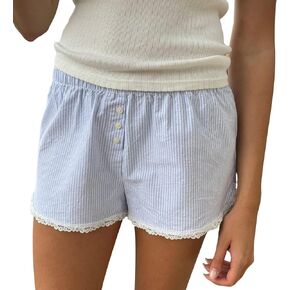 Women Y2K Lounge Pajamas Shorts Fairy Cottage Elastic Waist Plaid Boyshorts Bow Lace Trim Boyshort Comfy Bottoms (A4 Blue Lace Trim Shorts, L)