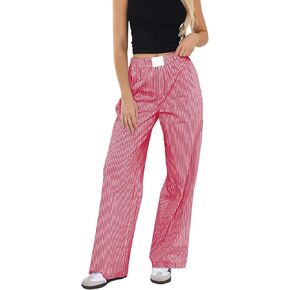 Women’s Striped Lounge Pants Low Waist Elastic Wide Leg Y2k Casual Boxer Trousers Loose Fit Pajama Pants with Pockets