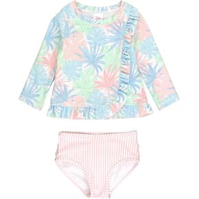 RuffleButts Pastel Palms Long Sleeve Ruffled Rash Guard 2-Piece - 2T