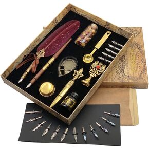 Feather Quill Writing Pen Wooden Dip Calligraphy Pen and Ink Set (Crown Red)