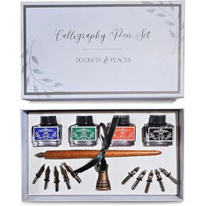 Calligraphy Pen Set & Gift Set for Art, Antique Brass Holder Includes Wooden Dip Pen for Writing 10 Nibs, 4 Colors Ink Set Bottles and Beginner's Manual for Calligraphy Enthusiasts