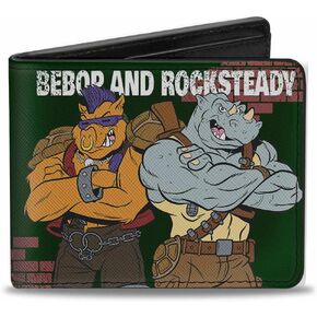 Teenage Mutant Ninja Turtles Men's Buckle-Down PU Bifold Wallet-TMNT Rocksteady & Bebop Poses Bricks Gray/Black, Multicolor, 4.0" x 3.5"