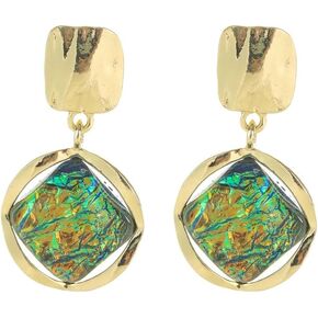 Women's Golden Green Suqare Ear Clips Dangle Clip On Earrings