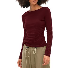 Darong Women's Long Sleeve Crew Neck Shirts Fall Basic Casual Ruched Side Slim Fit T Shirts Tee Tops