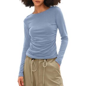 Darong Women's Long Sleeve Crew Neck Shirts Fall Basic Casual Ruched Side Slim Fit T Shirts Tee Tops