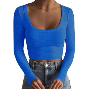 Artfish Women's Square Neck Long Sleeve Ribbed Slim Fitted Casual Basic Crop Top