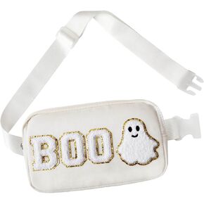Halloween Crossbody Bag Ghost Purse Cute Spooky Gothic BOO Letter Belt Bag Packs Halloween Fanny Pack Halloween Gifts for Girls Women (Beige)