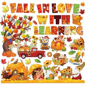 HOWAF Fall Classroom Decorations Fall in Love with Learning Bulletin Board Set for Autumn Chalkboard School, Fall Maple Leaves Cutout Leaning Cutouts for Thanksgiving Wall Class Blackboard Decor