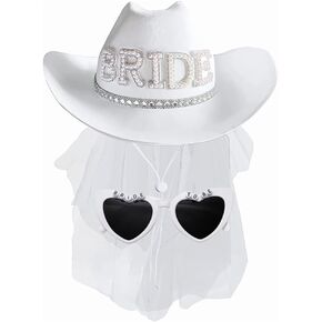 Margs and Matrimony Bachelorette Cowboy Hat and Veil Sunglasses Set for Bachelorette Party,White Cowgirl Hat Wedding Bridal Shower Decoration,Bride to be Gift,Country-Western Novelty