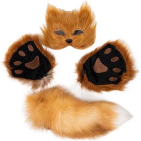 Therian Mask and Tail Set for Women Halloween Party Cat Mask Tail Cosplay Costume Fox Mask Wolf Tail (Orange mask set)