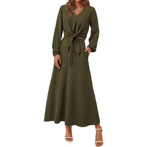 PRETTYGARDEN Women 2 Piece Outfits Casual V Neck Lantern Long Sleeve Strappy Crop Tops High Waist Midi Skirt Sets 2024