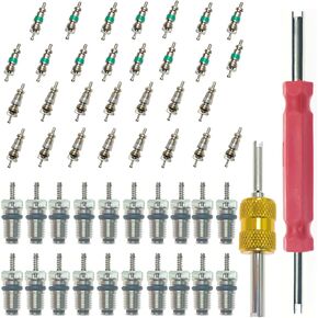 52PCS Car Air Conditioner Valve Core Accessories with Remover Tool Assortment Kit, R12 R134a Valve Core Repair Replacement, Tire Valve Stem with Double Head Remover Installer Tool