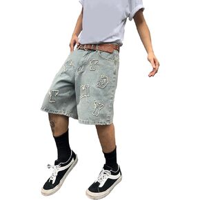 Mens Jorts Baggy Loose Fit Jean Shorts Wide Leg Denim Shorts Strings Y2k Casual Summer Shorts