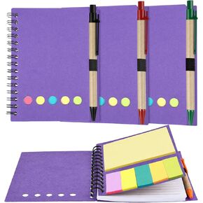 TOODOO 4 Packs Spiral Notebook Lined Notepad with Pen in Holder Small Pocket Notebooks Steno Pads, Sticky Notes, Page Marker Colored Index Tabs Flags, Kraft Paper Cover
