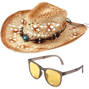 Zhanmai Women Men's Straw Cowboy Cowgirl Hat with Foldable Sunglasses Wide Brim Western Straw Hat Cowboy Costume Accessories