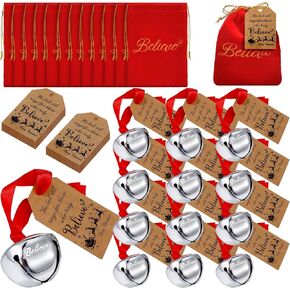 24 Sets Polar Santa Sleigh Bell Christmas Ornaments Bulk Party Favors Red Velvet Bag Tags Tree Decor Keepsake (Silver)